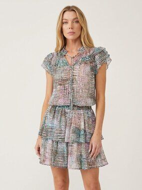 Abstract Print 2 Piece Set Ruffle Sleeve Top and Tiered Skirt
